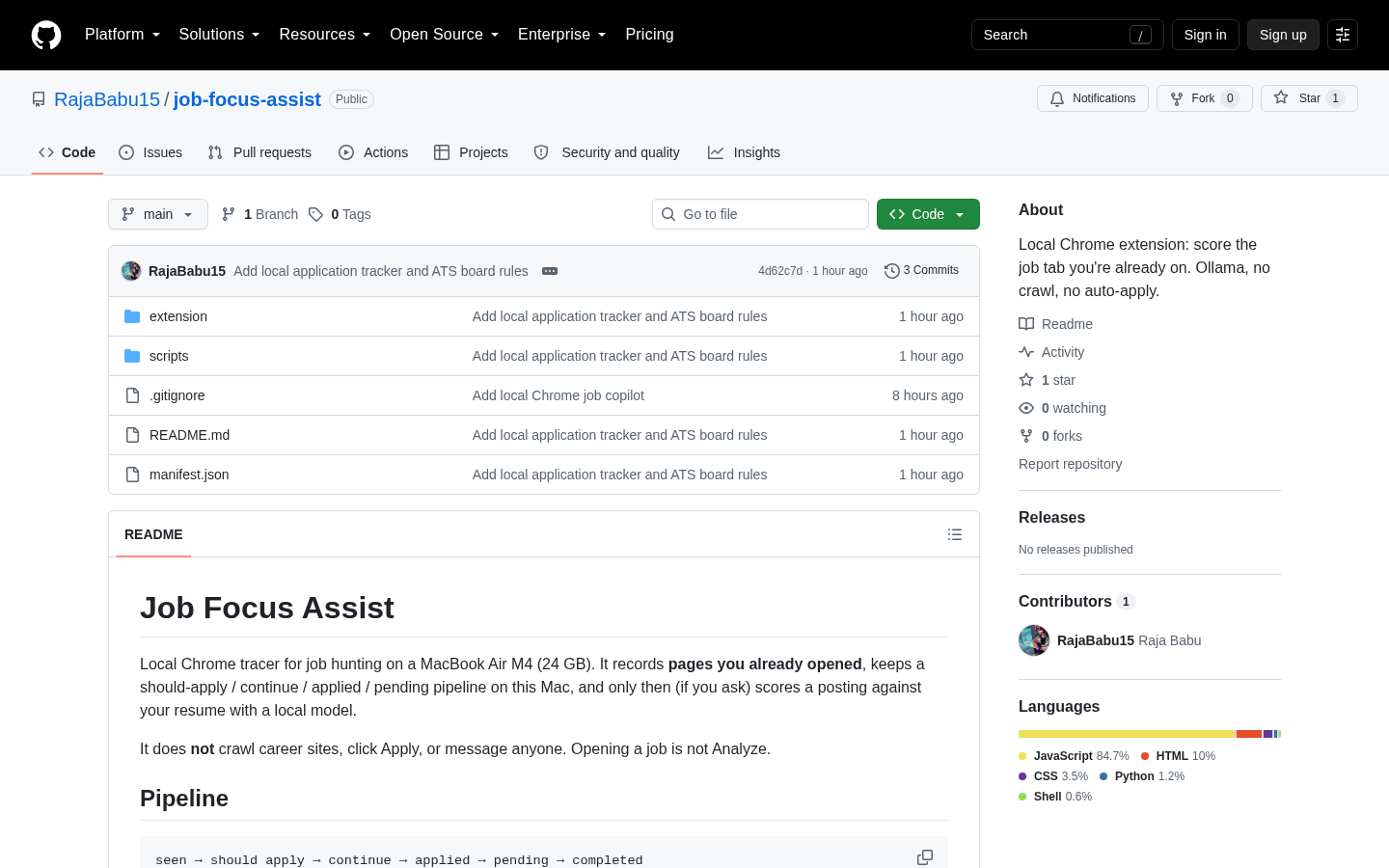 Own capture taken for “job-focus-assist: A Local-Only Chrome Extension for Tracking Job Applications”