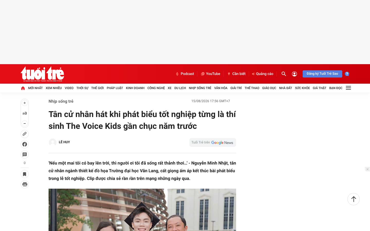 Own capture taken for “Tân cử nhân Văn Lang hát trong lễ tốt nghiệp, từng thi The Voice Kids”