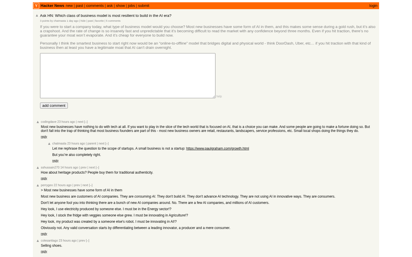 Own capture taken for “Choosing a Resilient Business Model in the AI Era: A Hacker News Framework”