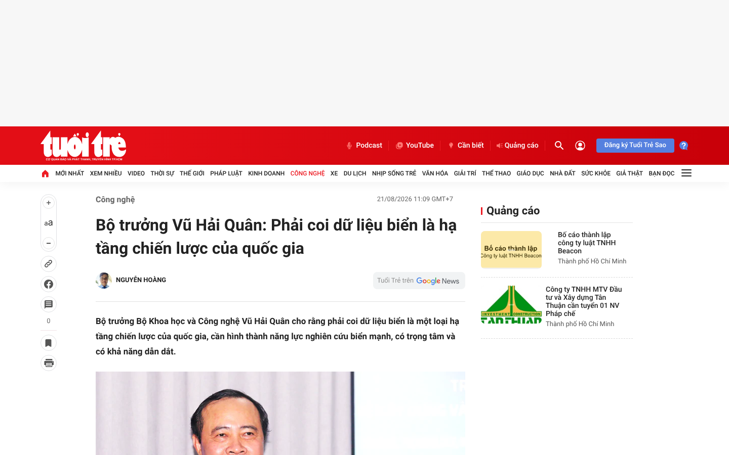 Own capture taken for “Bộ trưởng Vũ Hải Quân: Dữ liệu biển phải là hạ tầng chiến lược quốc gia”