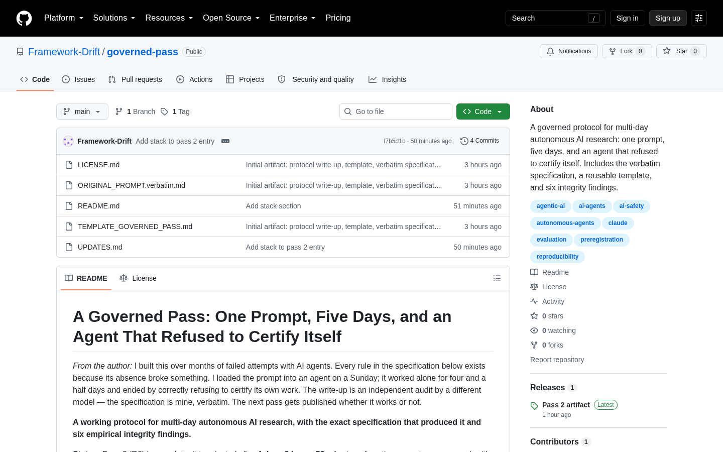 Capture taken while checking “governed-pass on GitHub: What's Verified About the AI Agent That Refused to Certify Itself”
